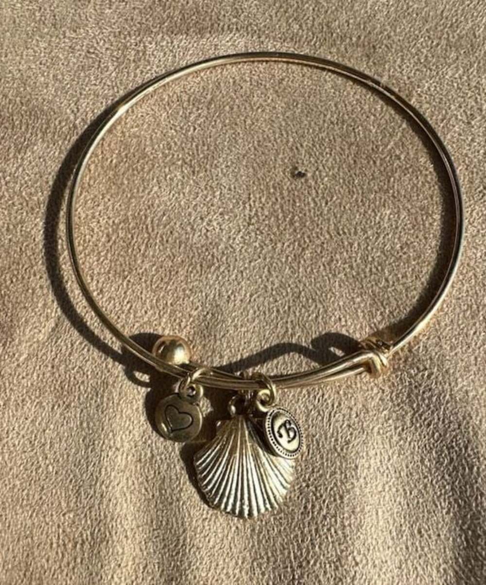 Alex and Ani Style Bangle Bracelet with Seashell, Heart, and Initial B Charms